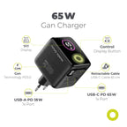 GaN Wall Charger with Display and Retractable Cable USB-C + USB-A PW3, 65W, 0.65m, Black