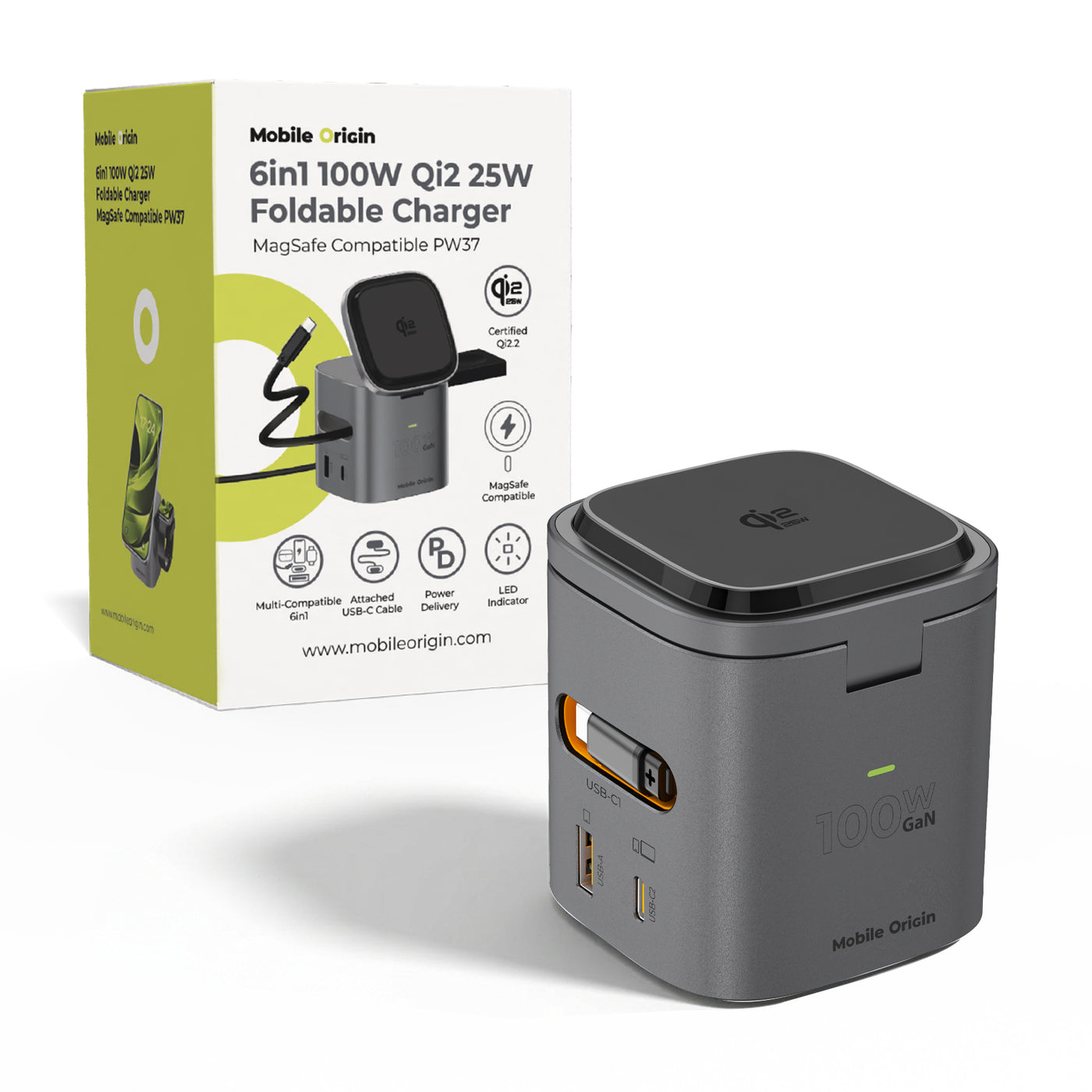 Foldable Charger 6-in-1 MagSafe PW37, 100W, Qi2 25W, Space Gray