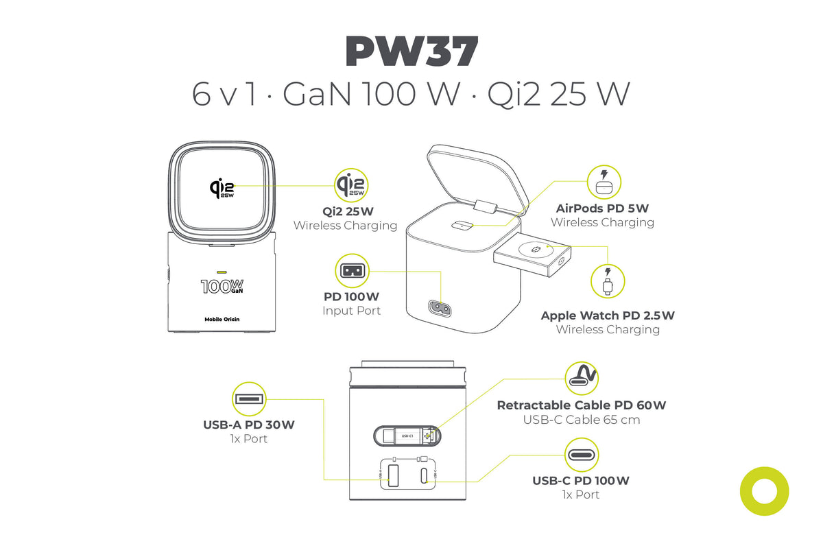 Skladacia nabíjačka 6v1 MagSafe PW37, 100W, Qi2 25W, Vesmírne sivá