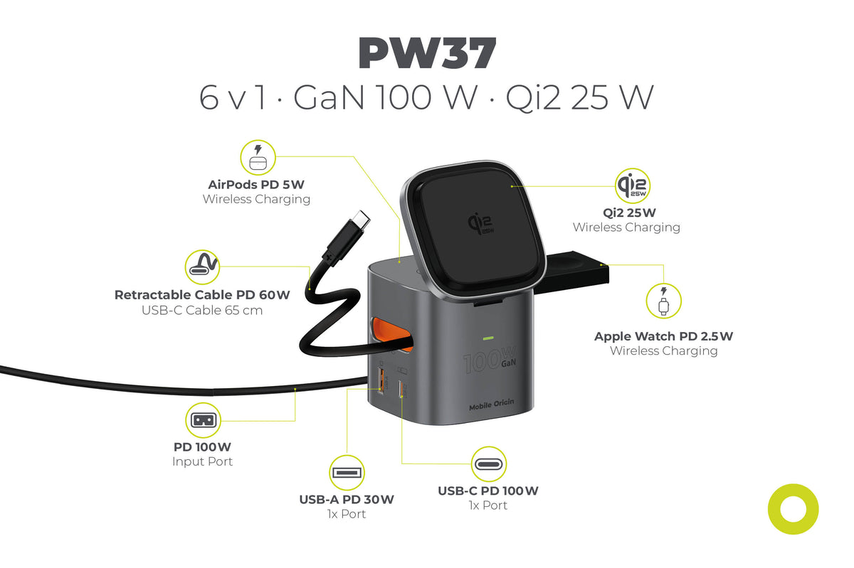 Skladacia nabíjačka 6v1 MagSafe PW37, 100W, Qi2 25W, Vesmírne sivá