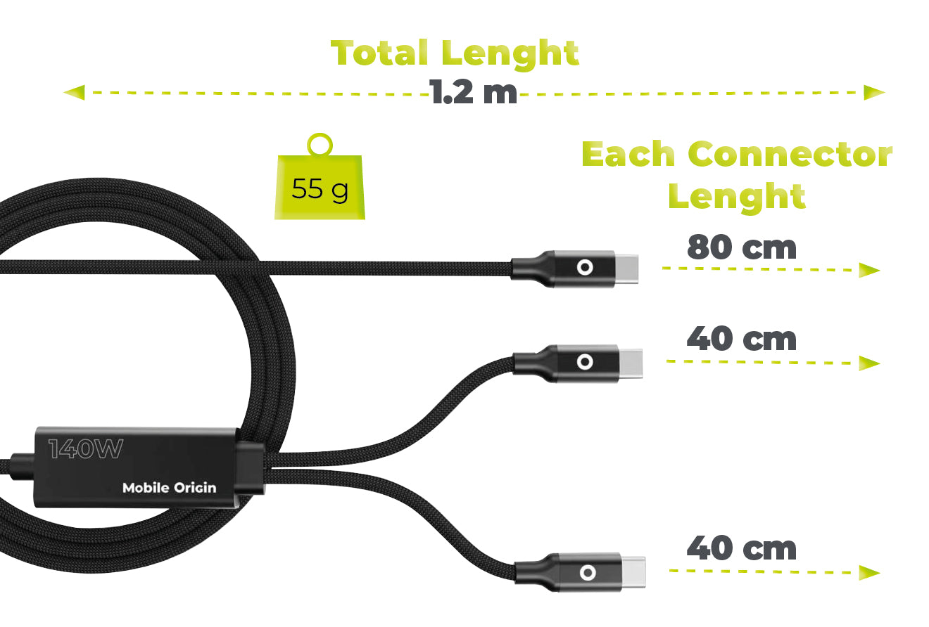 Dvojitý nabíjecí kabel USB-C CB10, 140W, 480 Mb/s, 1,2 m, Černá