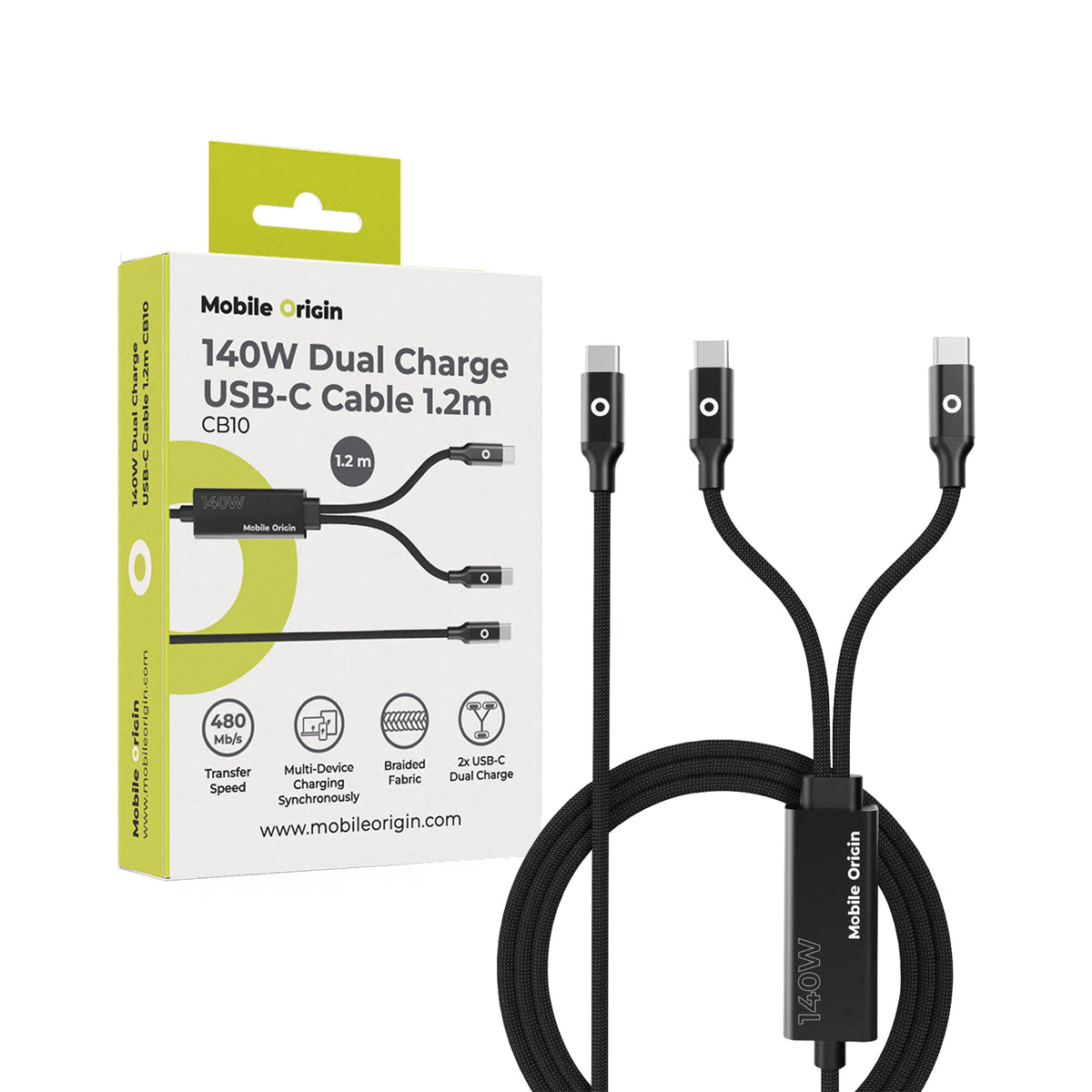 Dvojitý nabíjecí kabel USB-C CB10, 140W, 480 Mb/s, 1,2 m, Černá