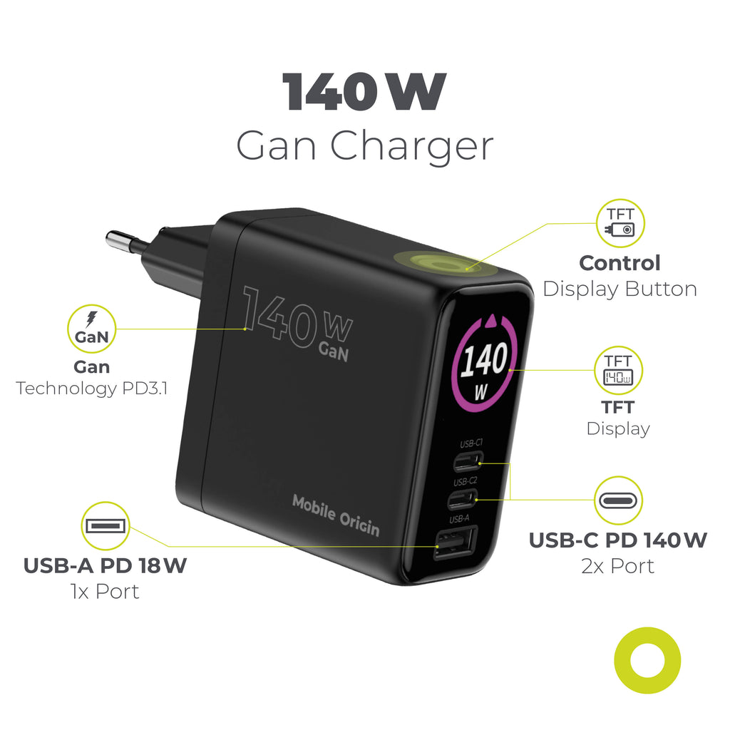 GaN Wall Charger with Display 2× USB-C + USB-A PW21, 140W, Black