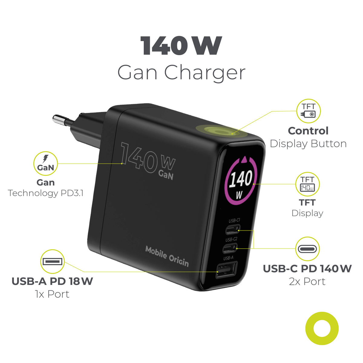 GaN Wall Charger with Display 2× USB-C + USB-A PW21, 140W, Black