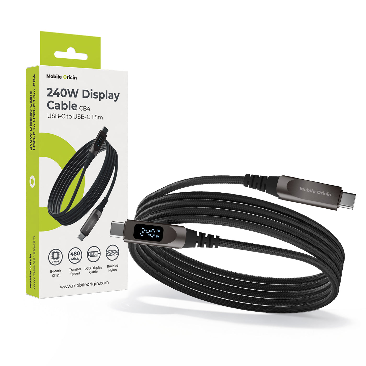 Kabel s displejem USB-C na USB-C CB4, 240W, 480 Mb/s, 1,5 m, Vesmírně šedá