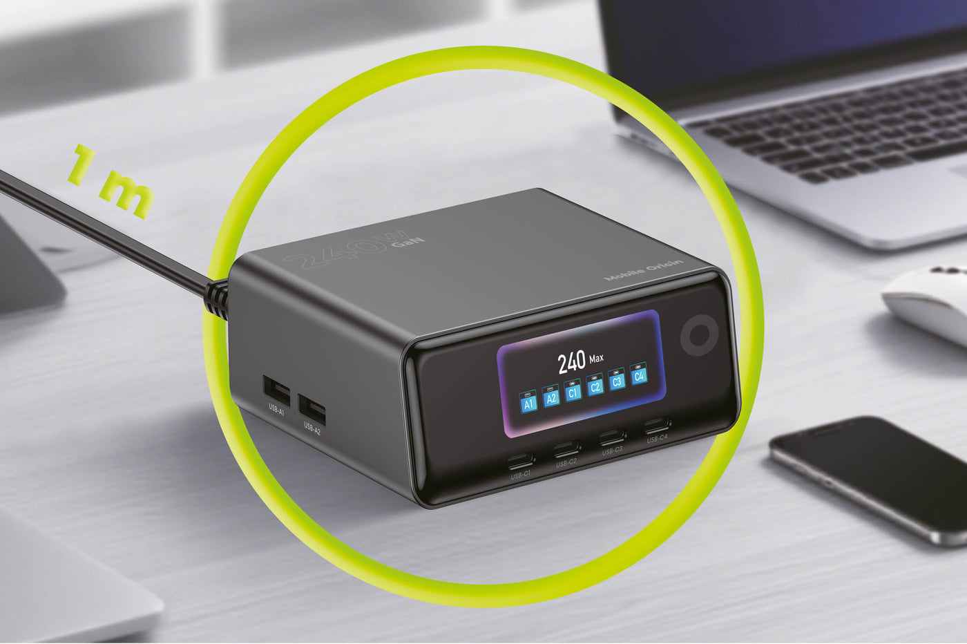 Nabíjecí hub GaN s displejem 4× USB-C + 2× USB-A PW39, 240W, Černá