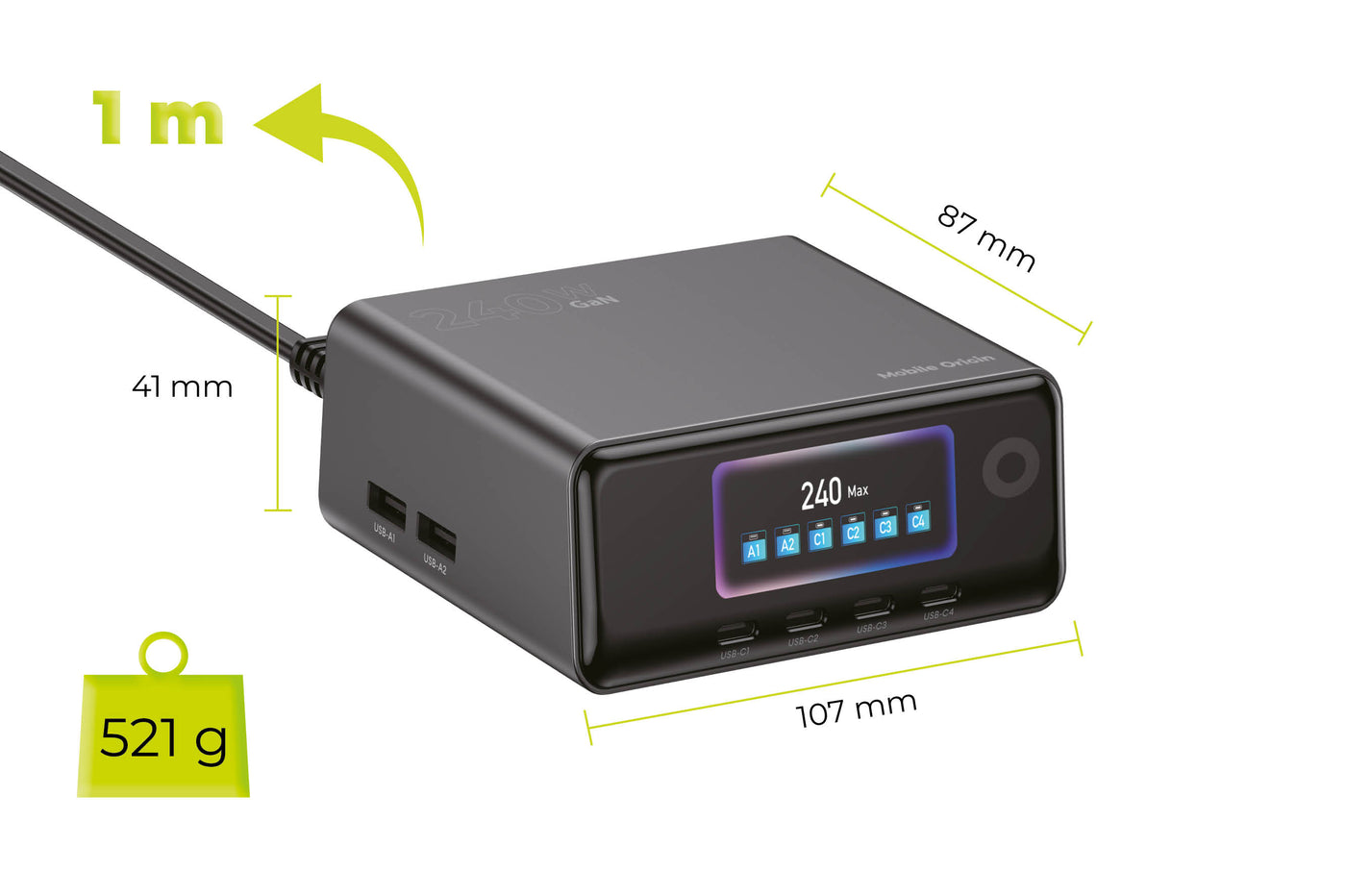 Nabíjecí hub GaN s displejem 4× USB-C + 2× USB-A PW39, 240W, Černá