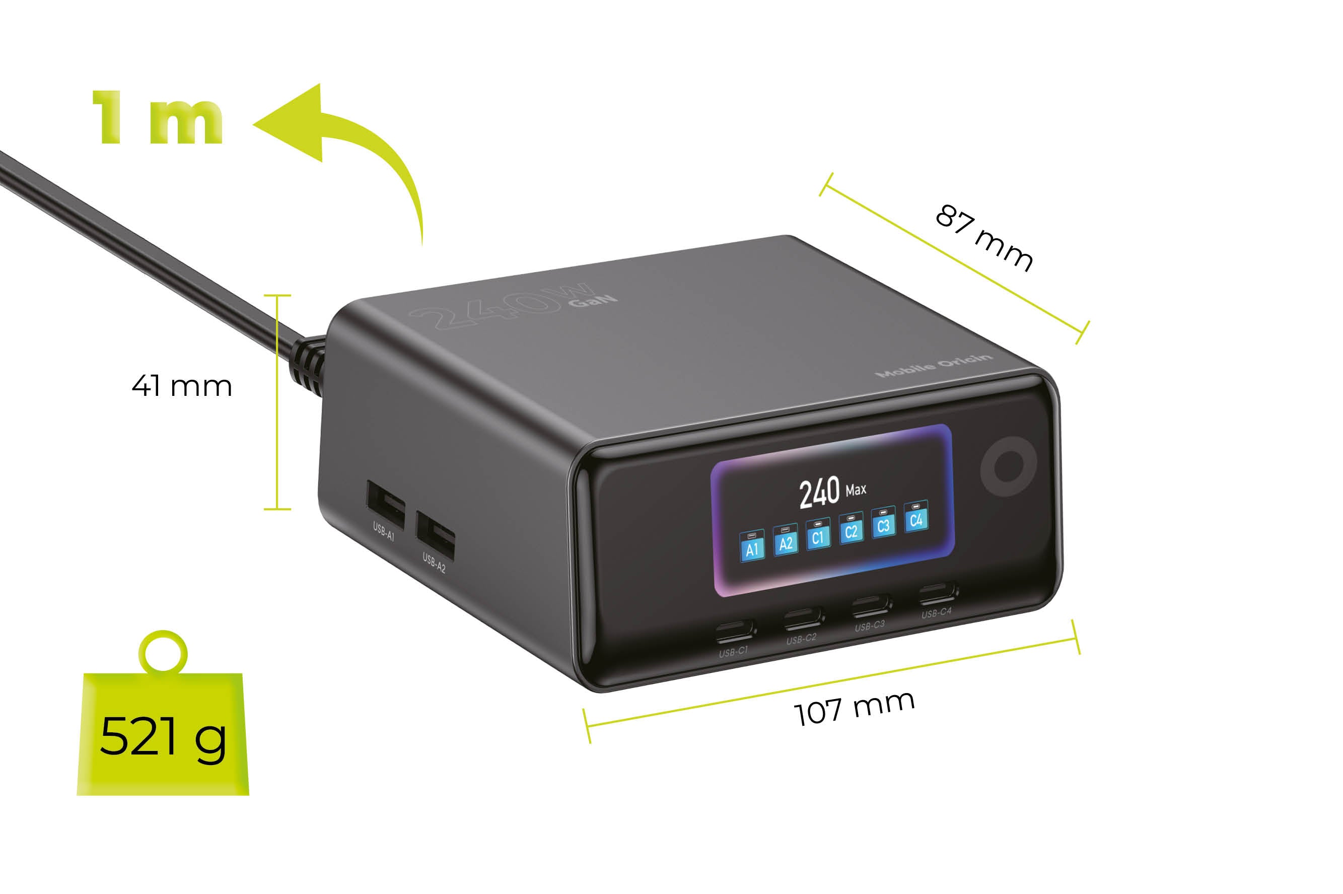 GaN Nabíjecí hub s displejem 240W PW39, 4x USB-C + 2x USB-A