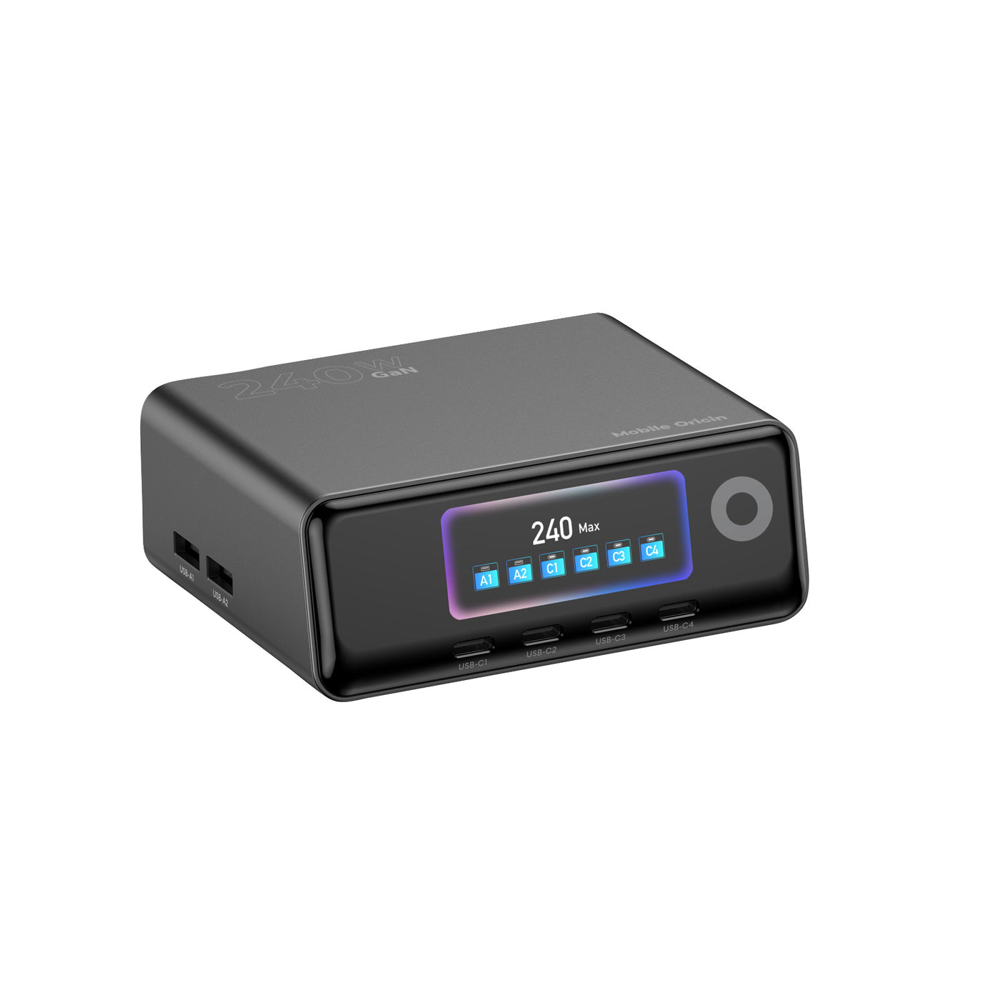 Nabíjecí hub GaN s displejem 4× USB-C + 2× USB-A PW39, 240W, Černá
