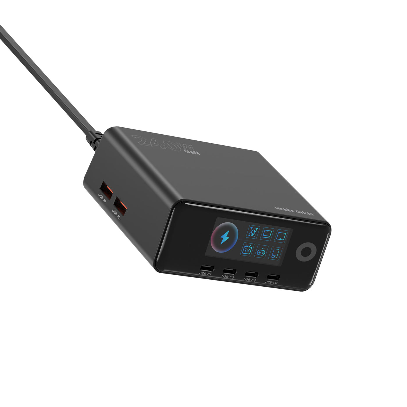 Nabíjecí hub GaN s displejem 4× USB-C + 2× USB-A PW39, 240W, Černá
