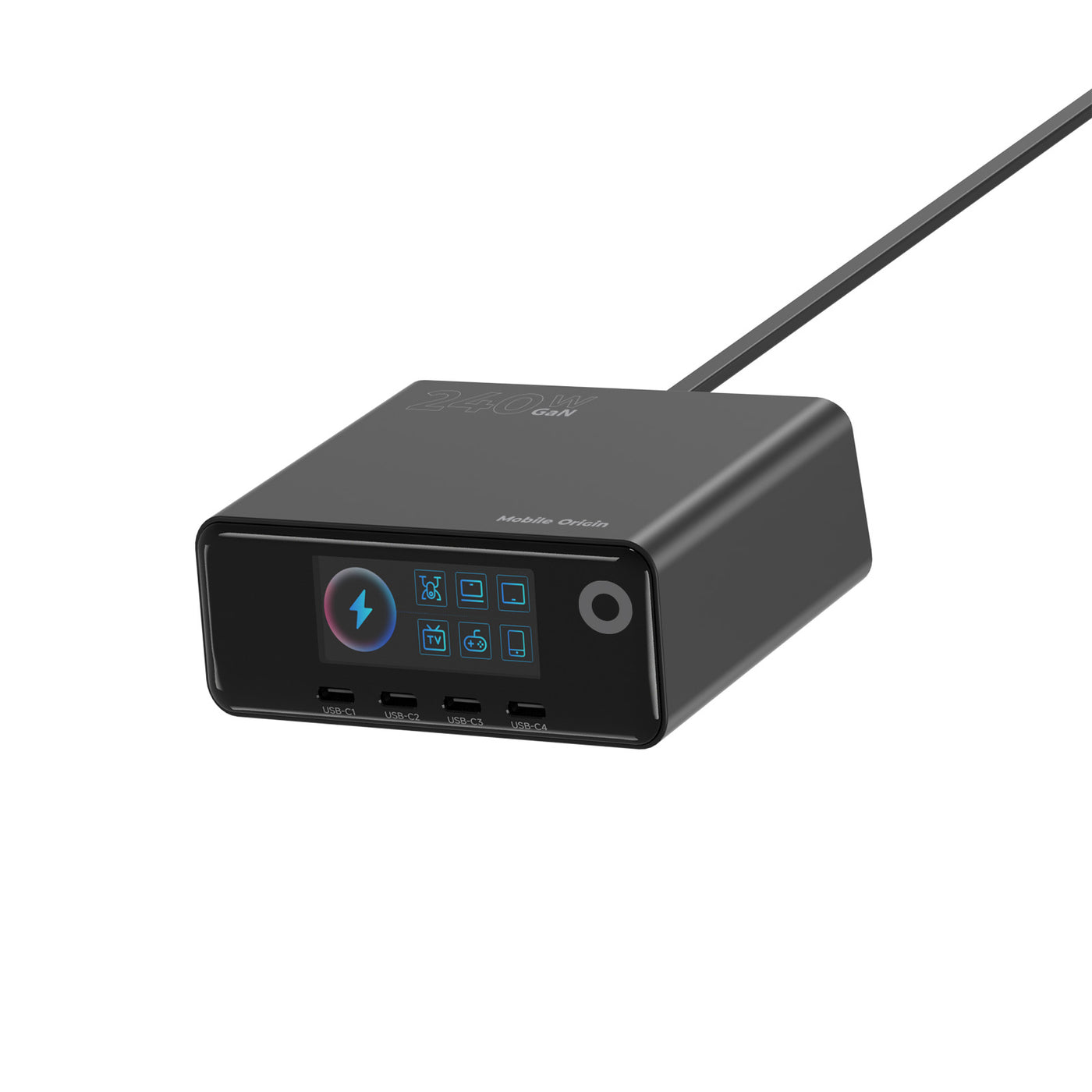 Nabíjecí hub GaN s displejem 4× USB-C + 2× USB-A PW39, 240W, Černá