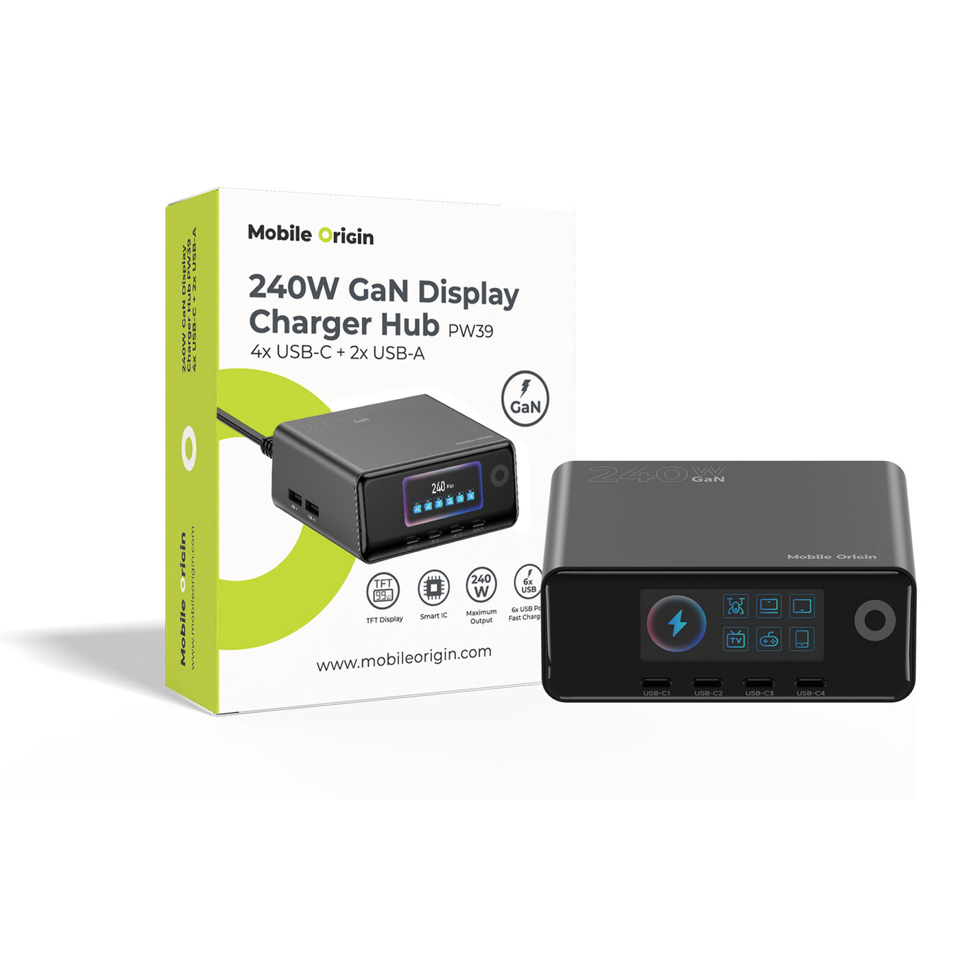 Nabíjecí hub GaN s displejem 4× USB-C + 2× USB-A PW39, 240W, Černá