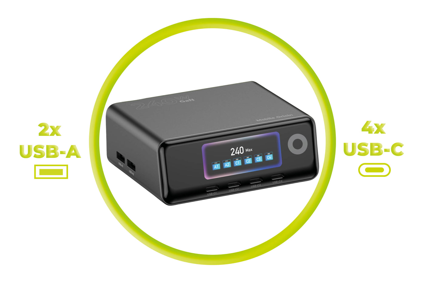 Nabíjecí hub GaN s displejem 4× USB-C + 2× USB-A PW39, 240W, Černá