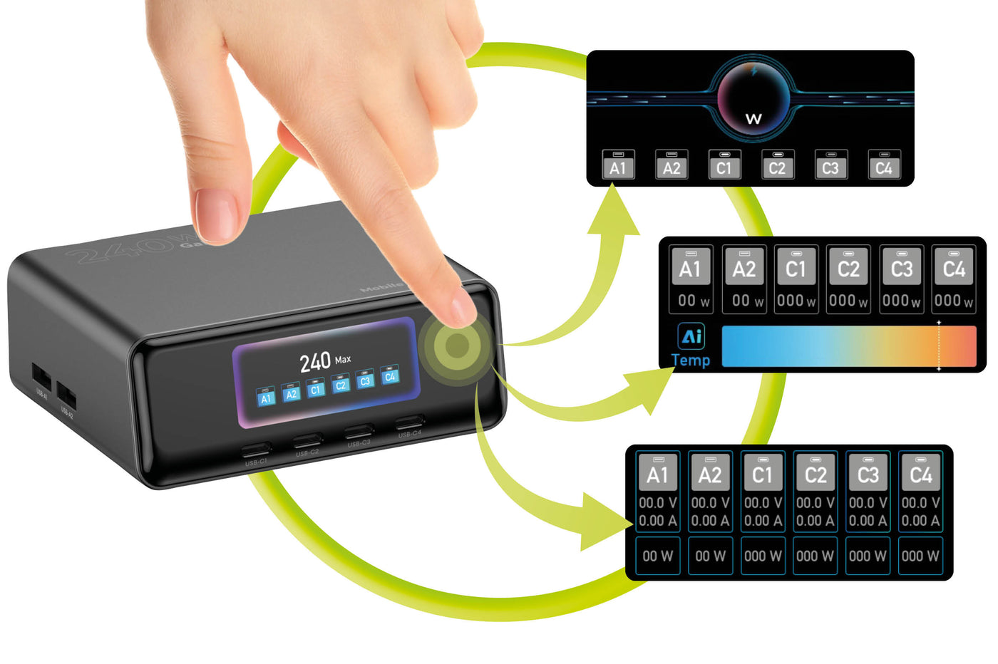 Nabíjecí hub GaN s displejem 4× USB-C + 2× USB-A PW39, 240W, Černá
