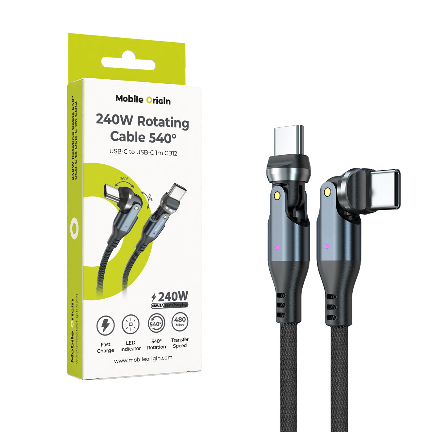 Rotating Cable 540° USB-C to USB-C CB12, 240W, 480 Mb/s, 1m, Black