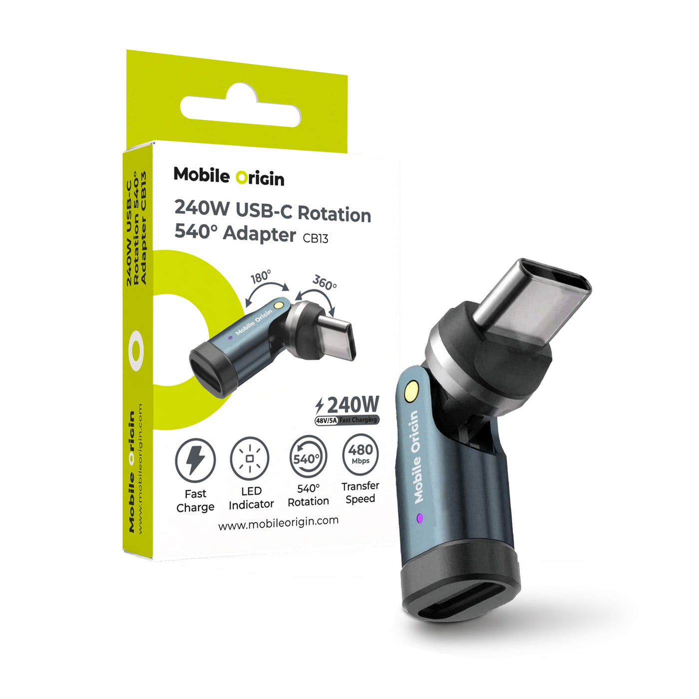 Rotating Adapter 540° USB-C CB13, 240W, 480 Mb/s, Gray