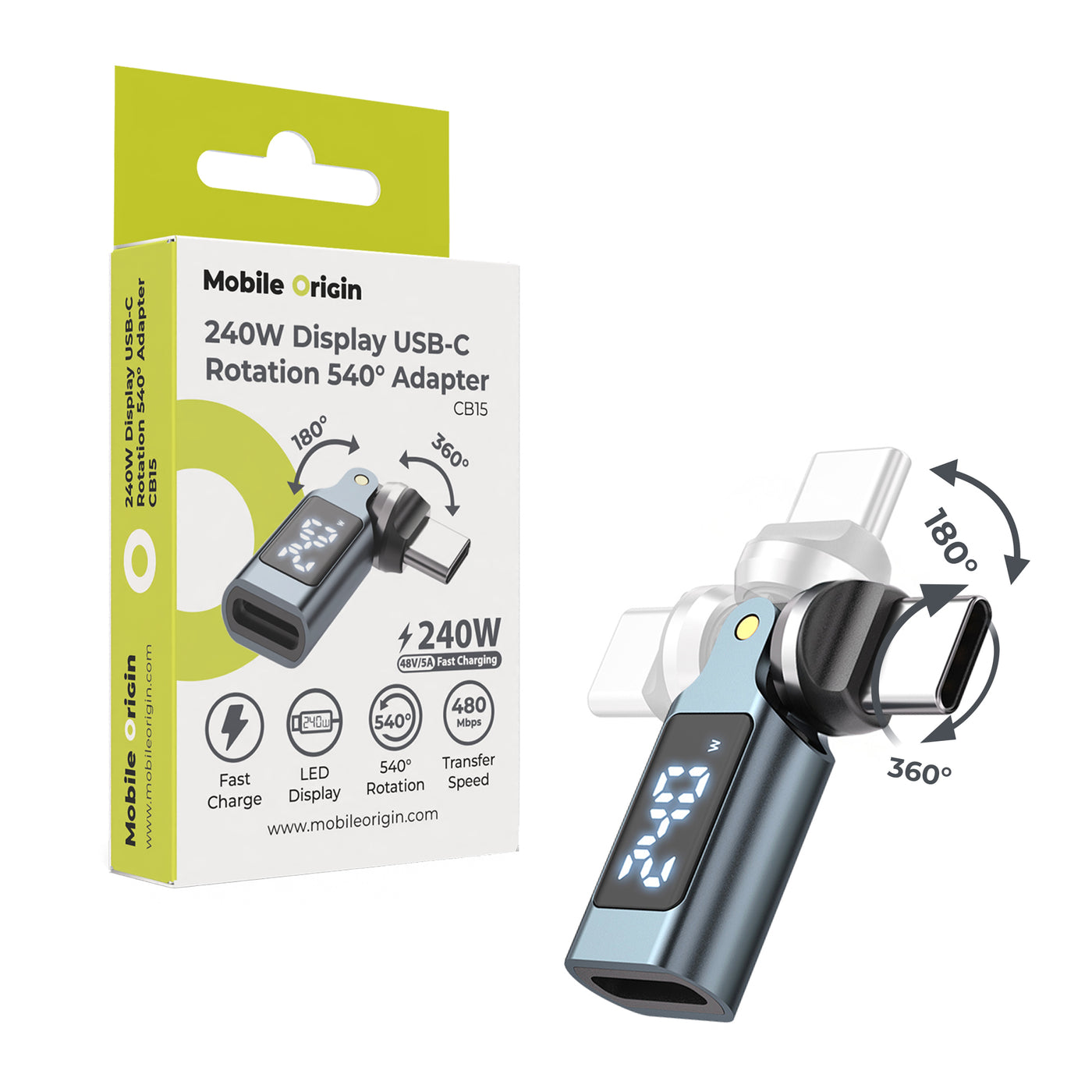 Otočný adaptér s displejem 540° USB-C CB15, 240W, 480 Mb/s, Šedá