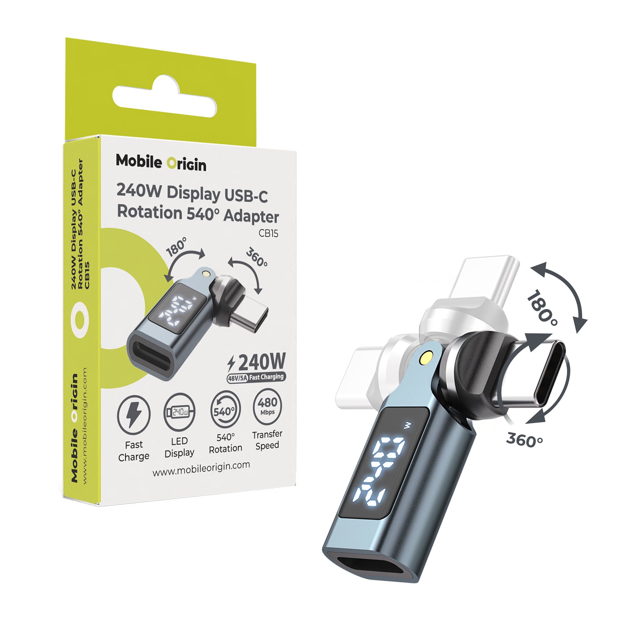 Otočný adaptér s displejem 540°, 240W, USB-C, CB15