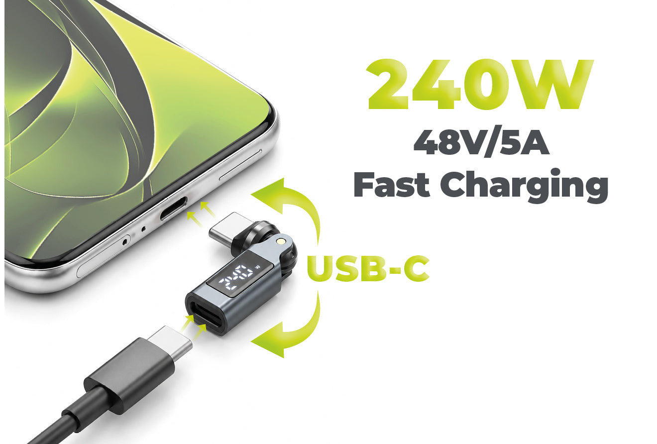 Otočný adaptér s displejem 540° USB-C CB15, 240W, 480 Mb/s, Šedá