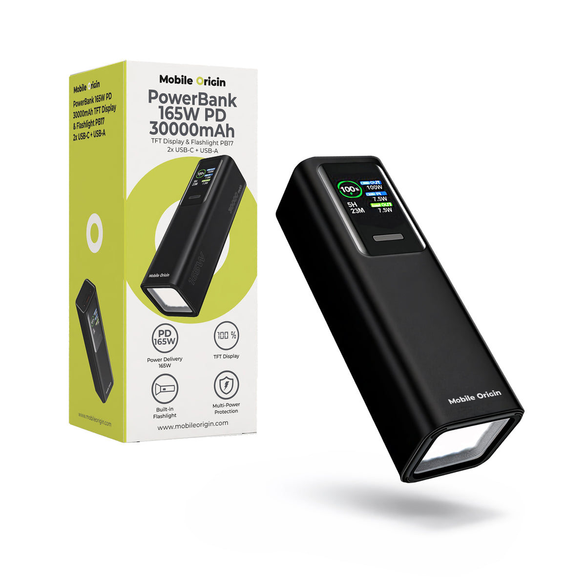 Powerbanka s displejem a svítilnou 2× USB-C + USB-A PB17, 30000mAh, 165W, Černá