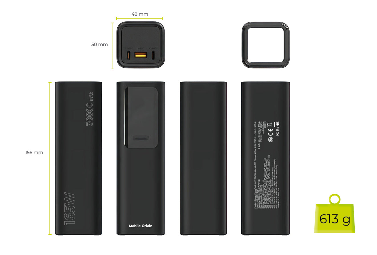 Powerbanka s displejem a svítilnou 2× USB-C + USB-A PB17, 30000mAh, 165W, Černá