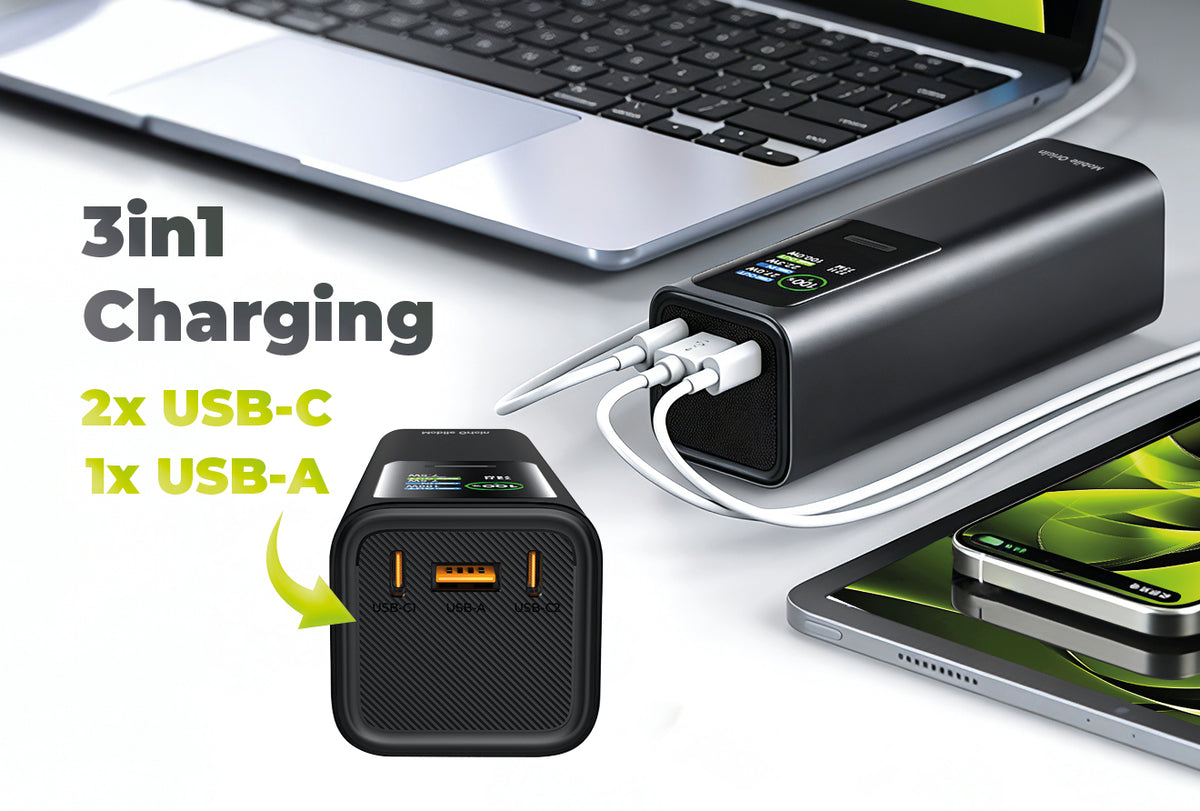 Powerbanka s displejem a svítilnou 2× USB-C + USB-A PB17, 30000mAh, 165W, Černá