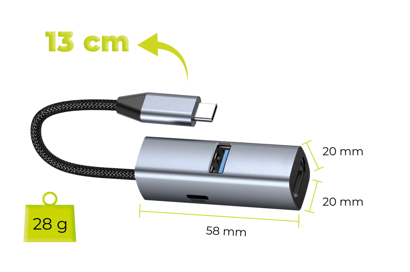 USB-C Hub 3-in-1 HB1, HDMI, USB-A, USB-C PD 100W, 5 Gb/s, Space Gray