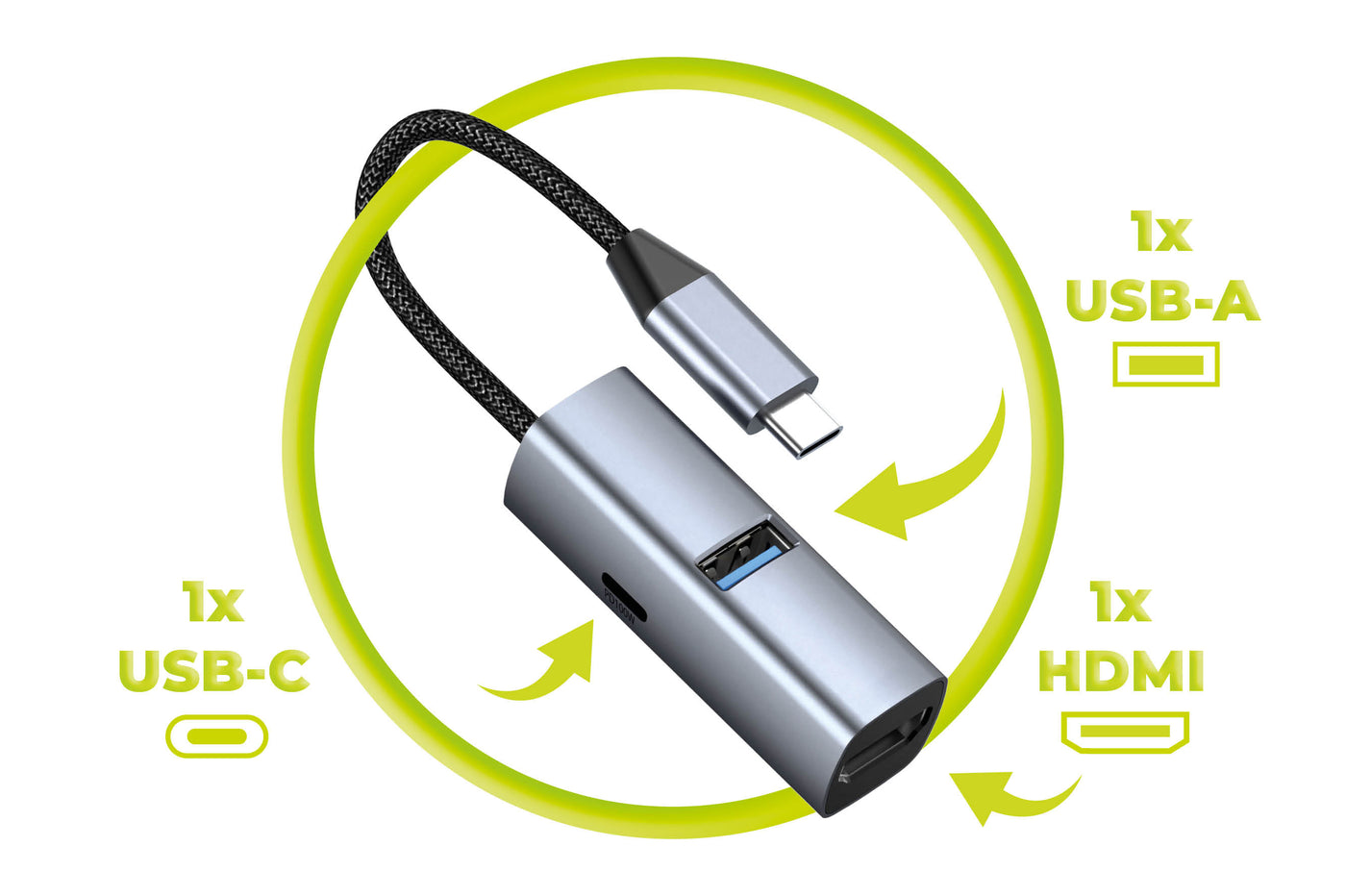 USB-C Hub 3-in-1 HB1, HDMI, USB-A, USB-C PD 100W, 5 Gb/s, Space Gray