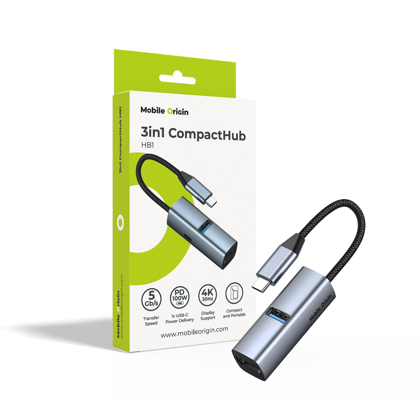 USB-C Hub 3-in-1 HB1, HDMI, USB-A, USB-C PD 100W, 5 Gb/s, Space Gray