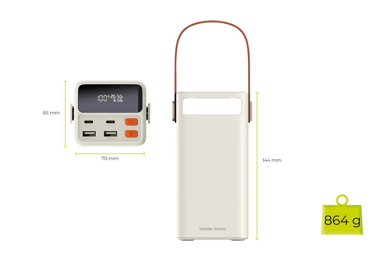 Power Bank with Display and Flashlight 2× USB-C + 2× USB-A PB18, 50000mAh, 65W, Beige