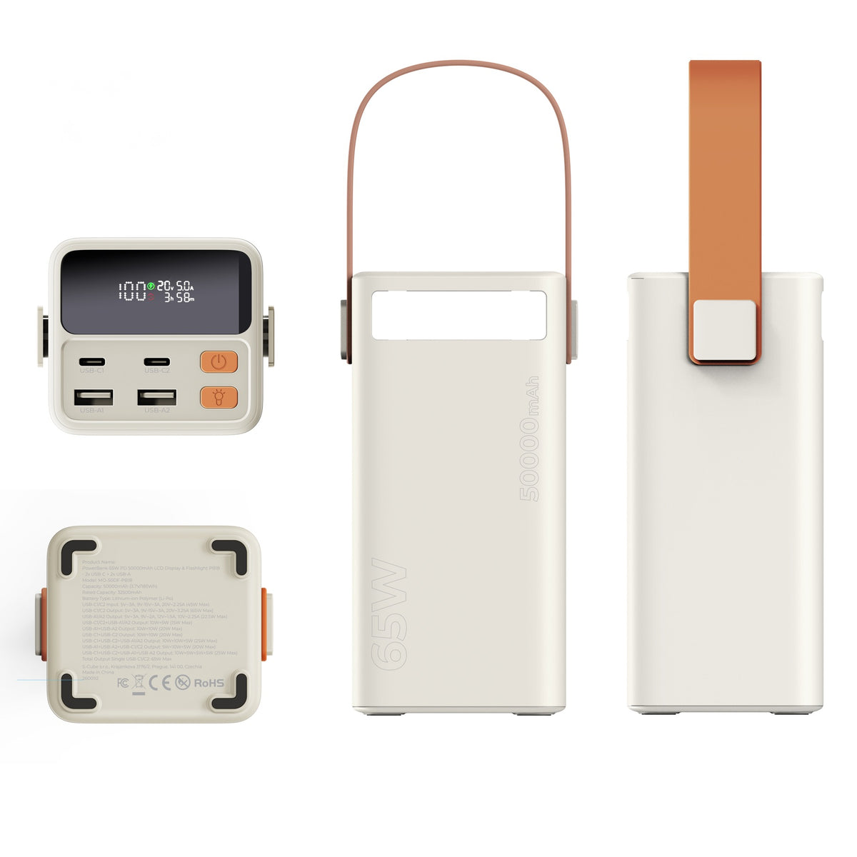 Power Bank with Display and Flashlight 2× USB-C + 2× USB-A PB18, 50000mAh, 65W, Beige
