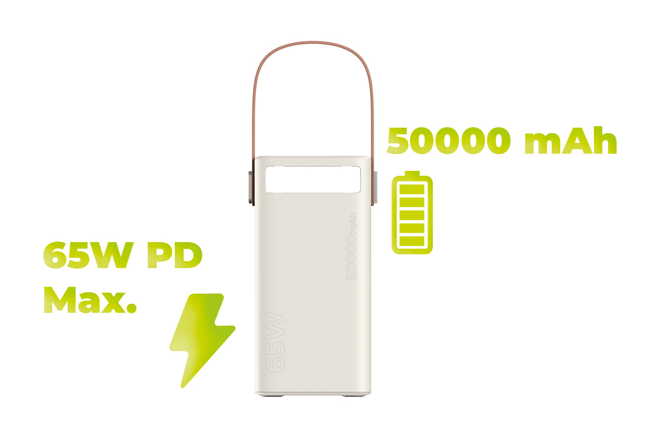 Power Bank with Display and Flashlight 2× USB-C + 2× USB-A PB18, 50000mAh, 65W, Beige