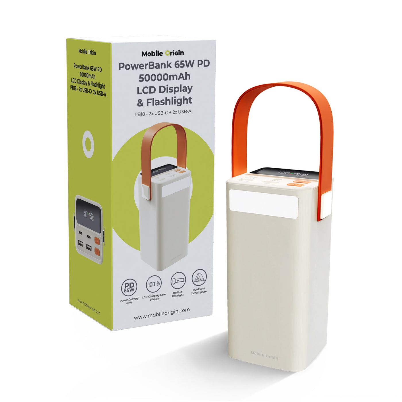 Power Bank with Display and Flashlight 2× USB-C + 2× USB-A PB18, 50000mAh, 65W, Beige