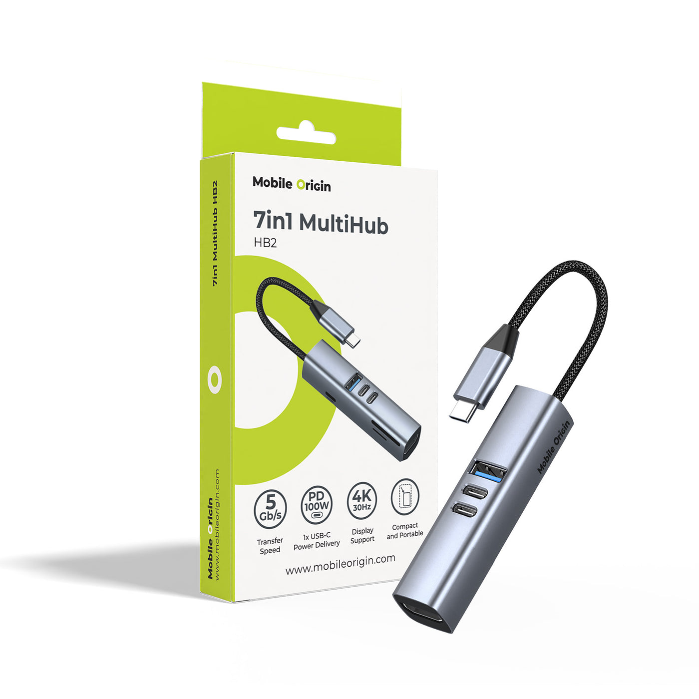 USB-C Hub 7-in-1 HB2, HDMI, 3× USB-C, USB-A, TF/SD Slot, 5 Gb/s, Space Gray