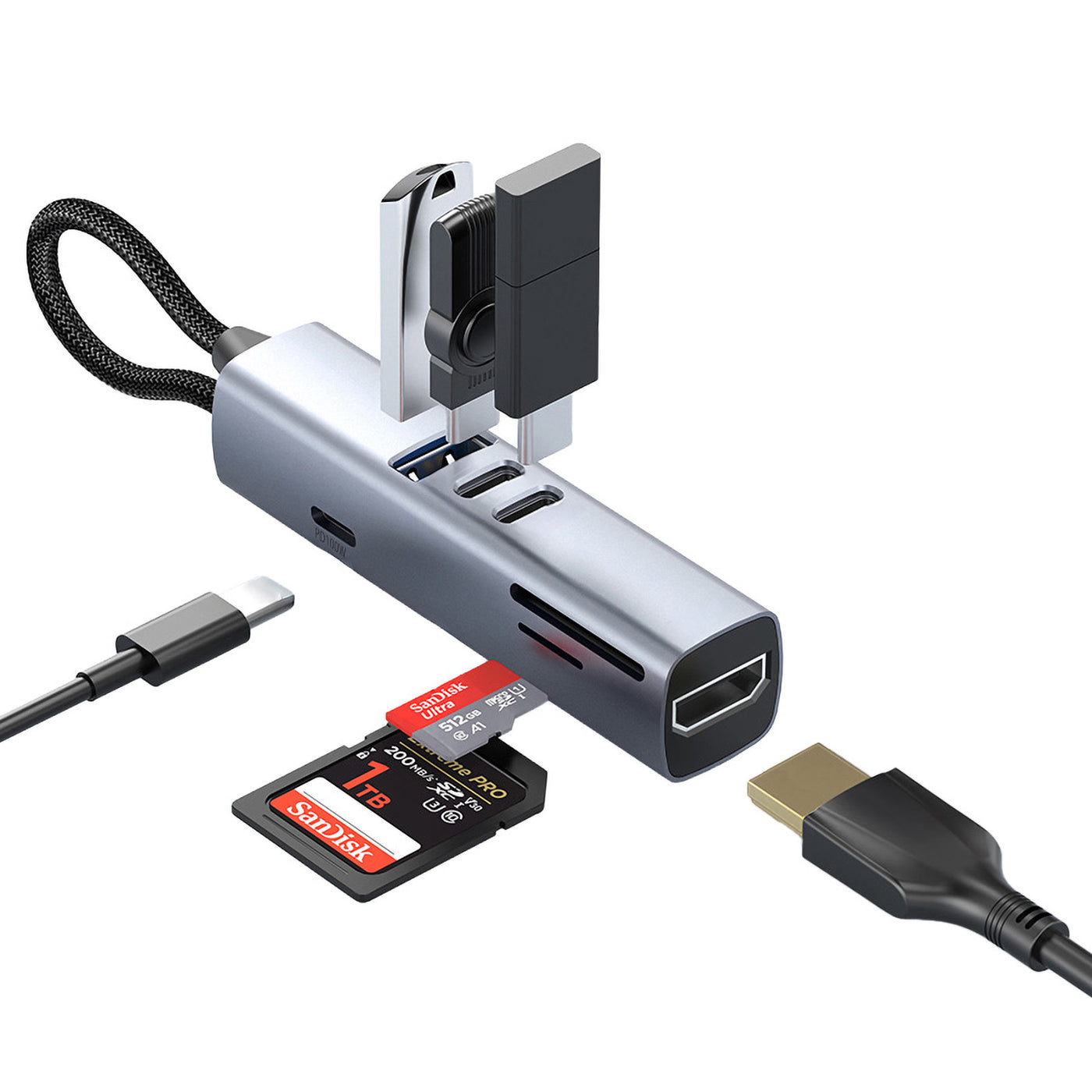 USB-C Hub 7-in-1 HB2, HDMI, 3× USB-C, USB-A, TF/SD Slot, 5 Gb/s, Space Gray