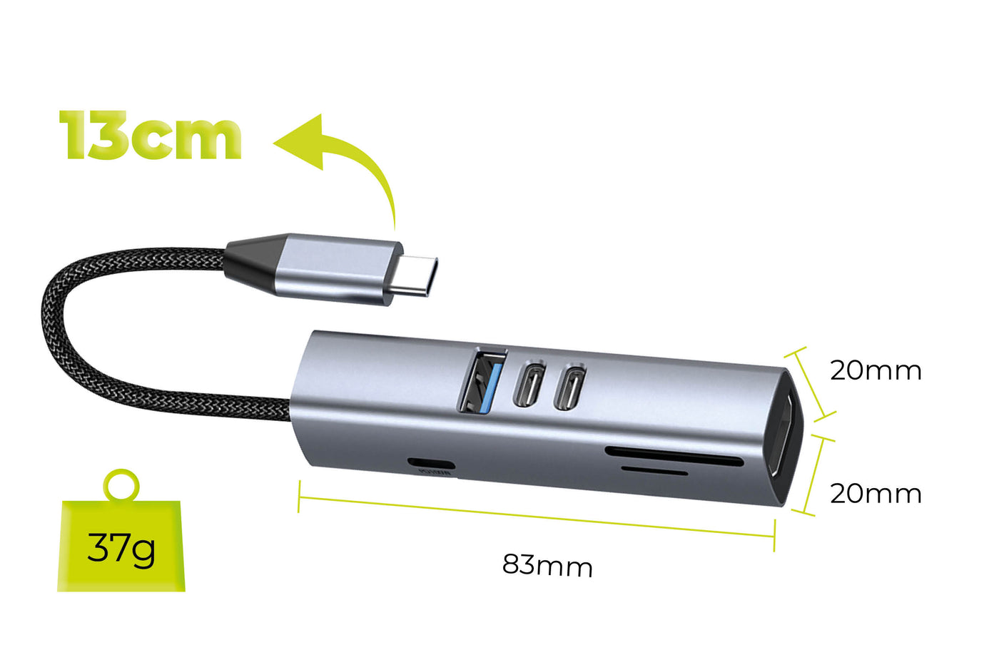 USB-C Hub 7-in-1 HB2, HDMI, 3× USB-C, USB-A, TF/SD Slot, 5 Gb/s, Space Gray