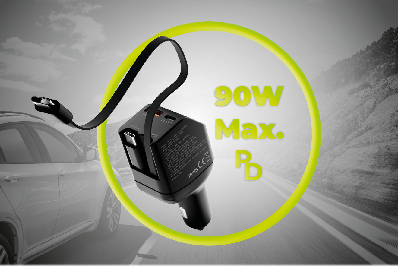 Car Charger with Cable USB-C + USB-A, 2× USB-C Cable CA22, 90W, Black