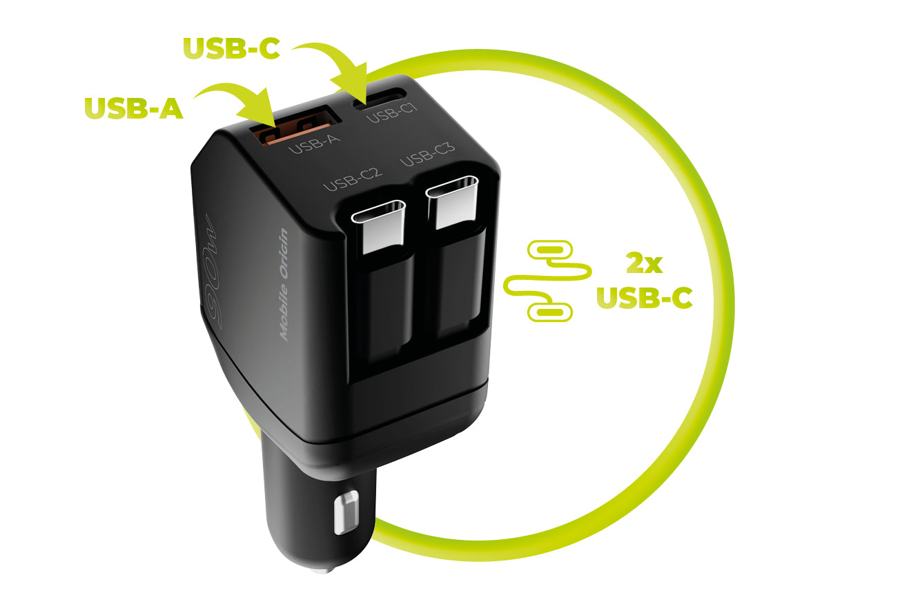 Car Charger with Cable USB-C + USB-A, 2× USB-C Cable CA22, 90W, Black