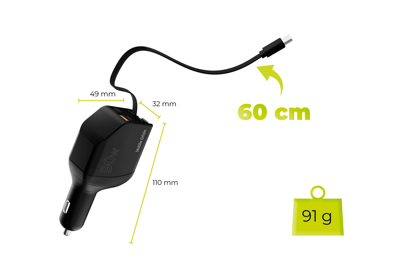 Car Charger with Cable USB-C + USB-A, 2× USB-C Cable CA22, 90W, Black