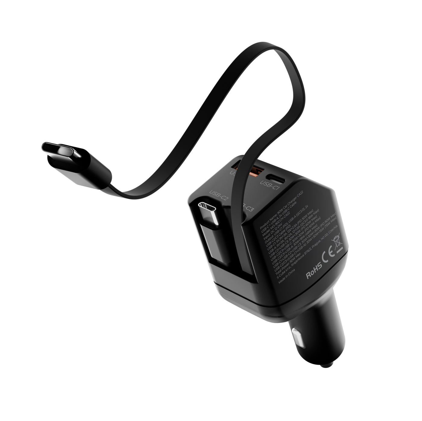 Car Charger with Cable USB-C + USB-A, 2× USB-C Cable CA22, 90W, Black