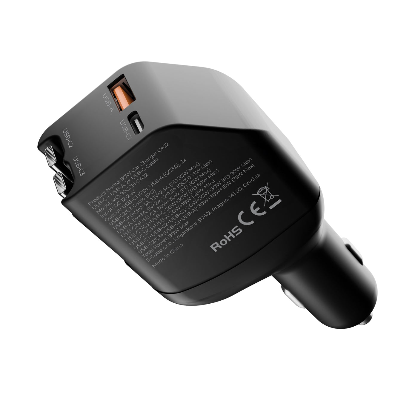 Car Charger with Cable USB-C + USB-A, 2× USB-C Cable CA22, 90W, Black