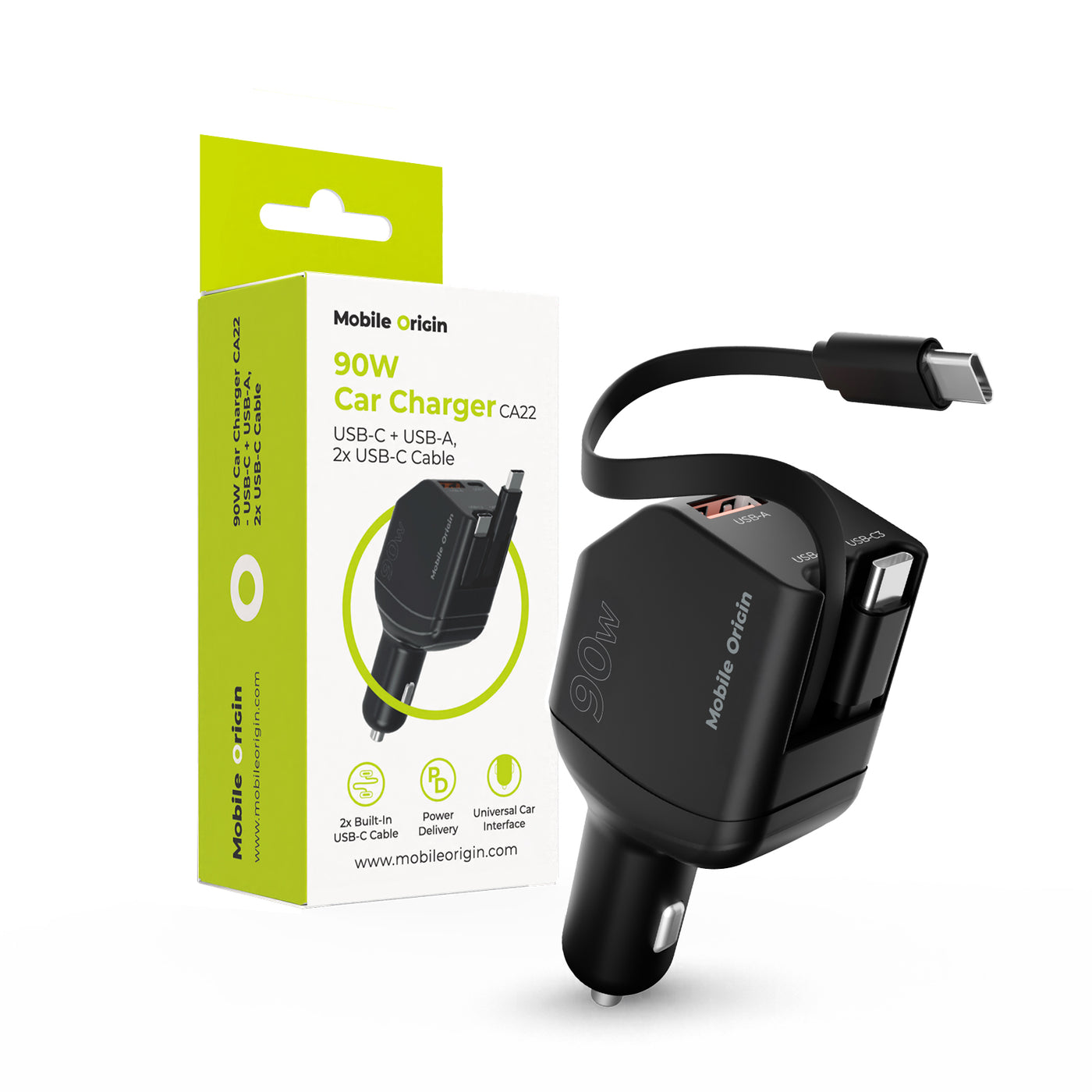 Car Charger with Cable USB-C + USB-A, 2× USB-C Cable CA22, 90W, Black