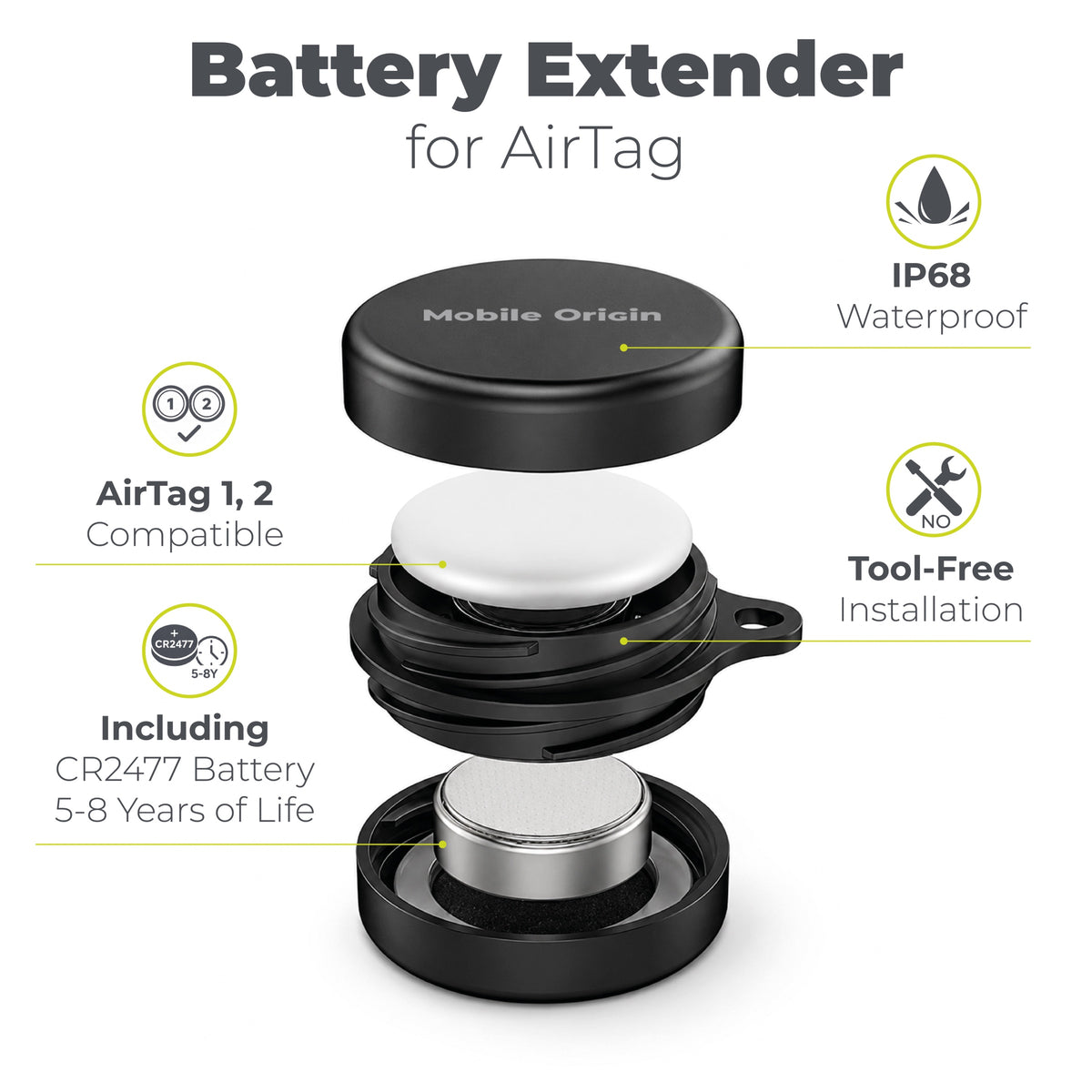 Battery Extender Case for AirTag A8, Black