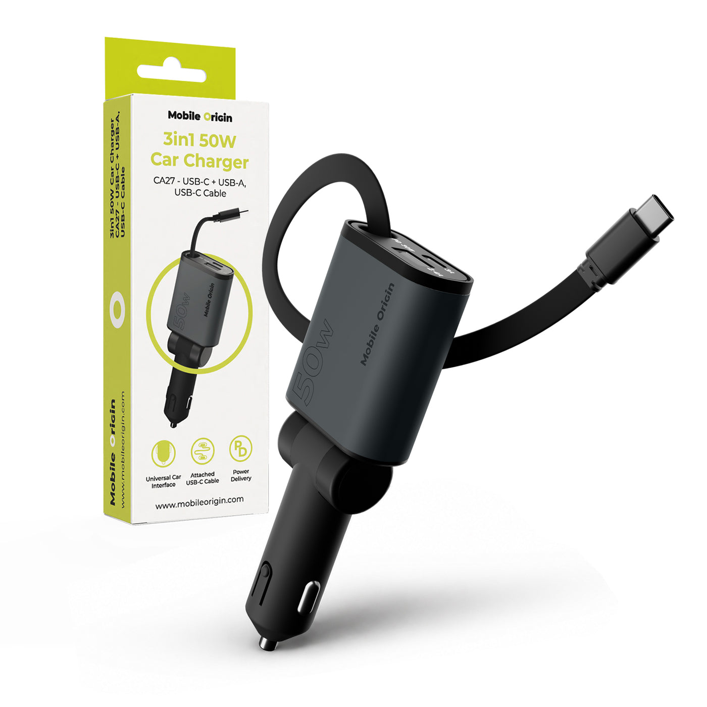 Autonabíječka 3v1 USB-C + USB-A s kabelem USB-C CA27, 50W, Vesmírně šedá