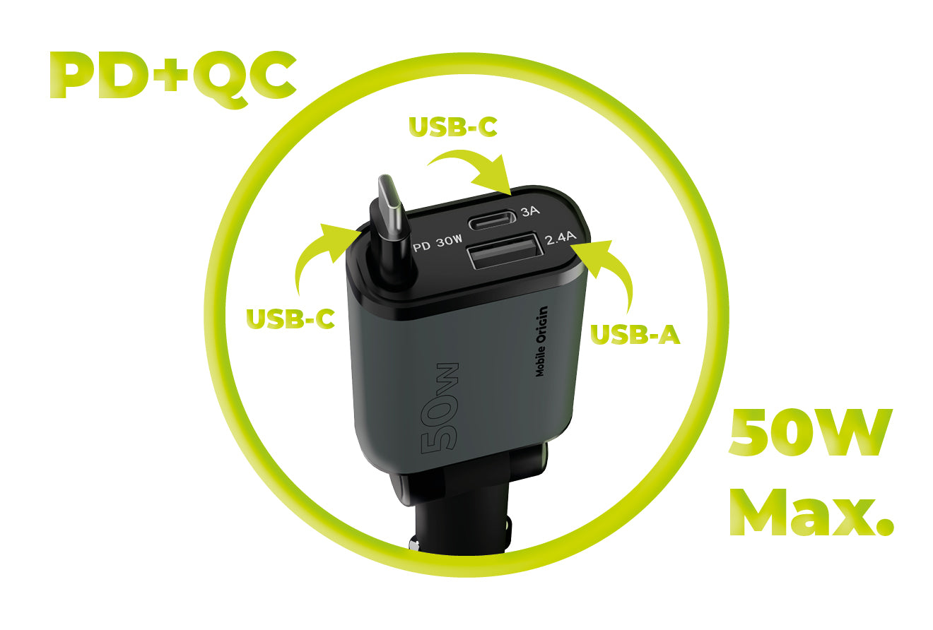 Autonabíječka 3v1 USB-C + USB-A s kabelem USB-C CA27, 50W, Vesmírně šedá