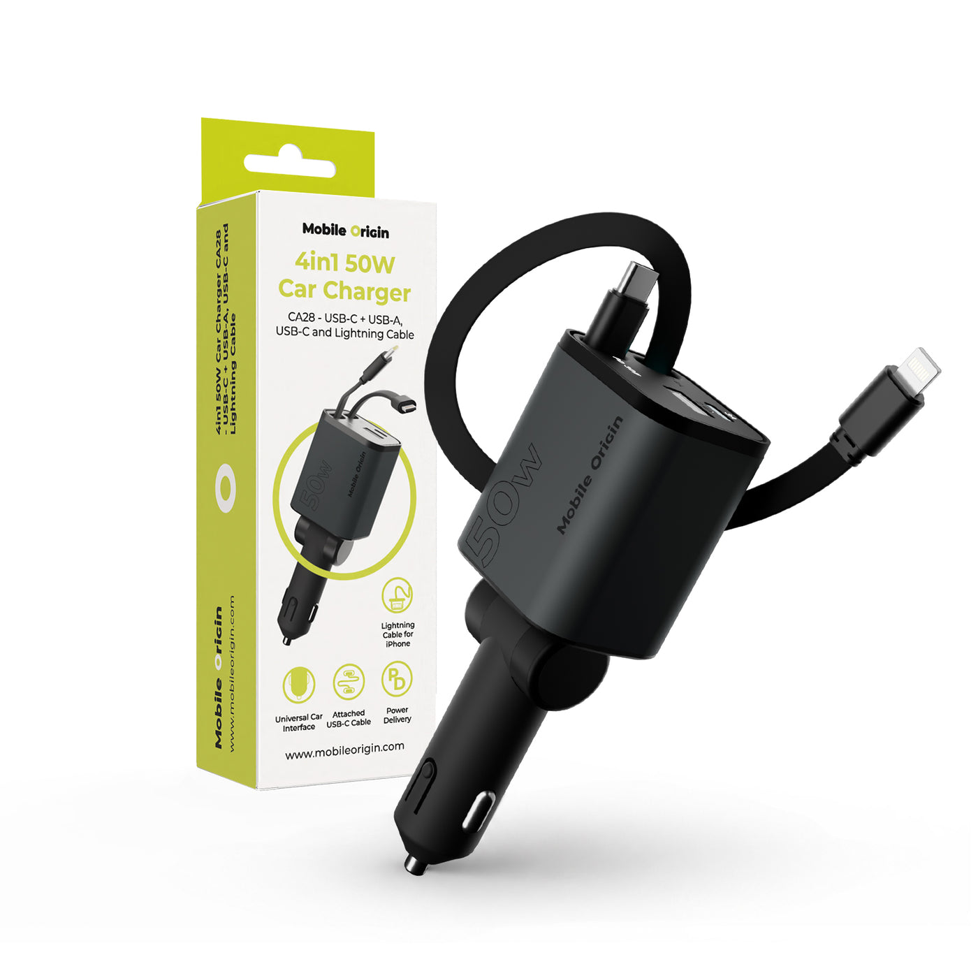 Car Charger 4-in-1 USB-C + USB-A with USB-C and Lightning Cables CA28, 50W, Space Gray