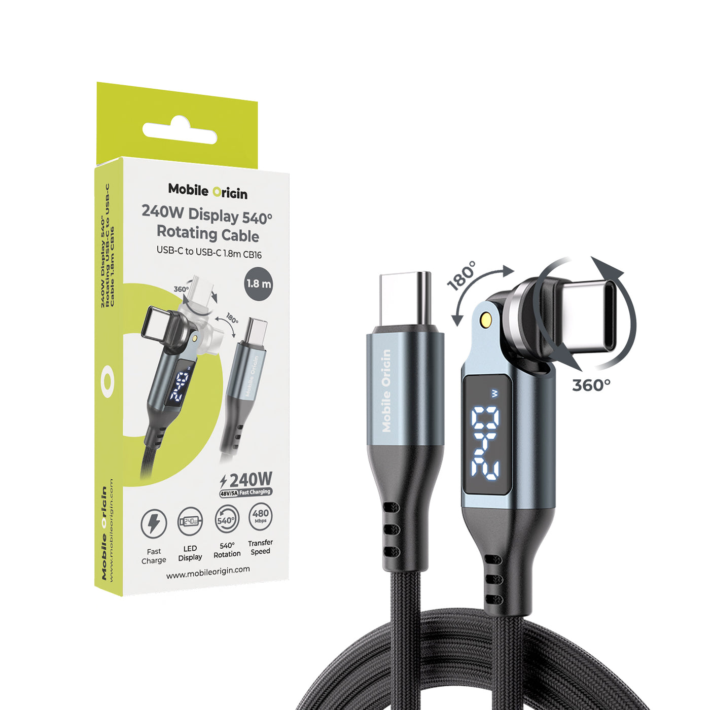 Otočný kabel s displejem 540° USB-C na USB-C CB16, 240W, 480 Mb/s, 1,8 m, Vesmírně šedá