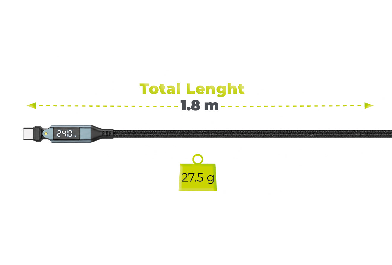Otočný kabel s displejem 540° USB-C na USB-C CB16, 240W, 480 Mb/s, 1,8 m, Vesmírně šedá