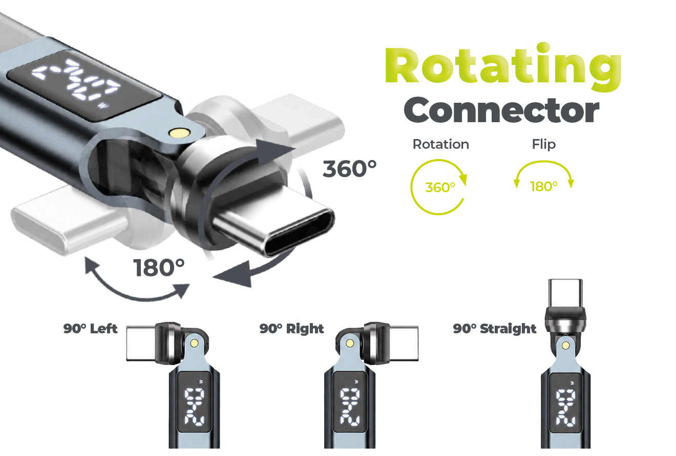 Otočný kabel s displejem 540° USB-C na USB-C CB16, 240W, 480 Mb/s, 1,8 m, Vesmírně šedá