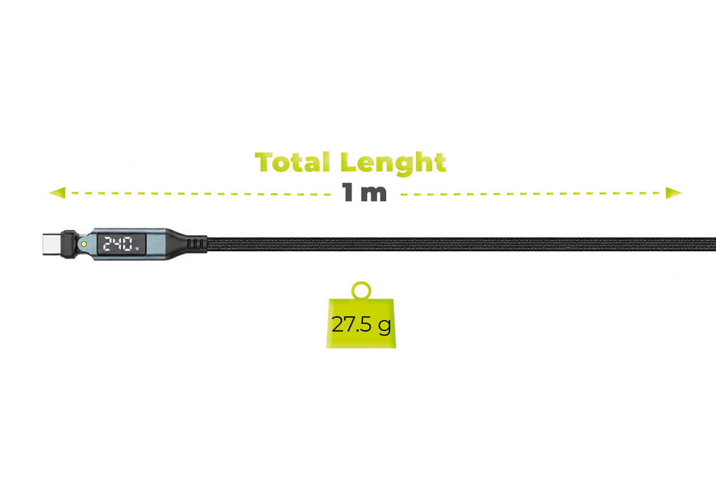 Otočný USB-C kabel s displejem 540°, 240 W, 1 m, CB16